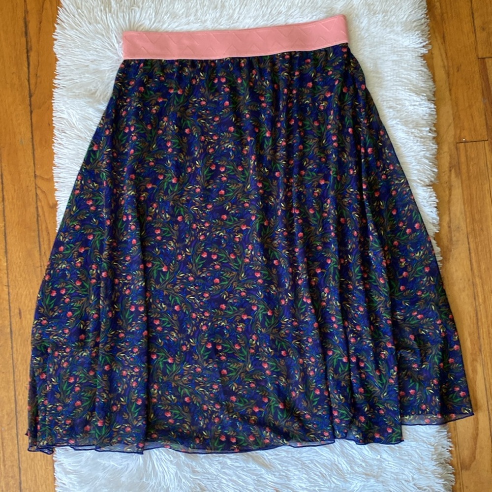 LulaRoe pink prints multi pink waist band work casual summer maxi skirt, size L